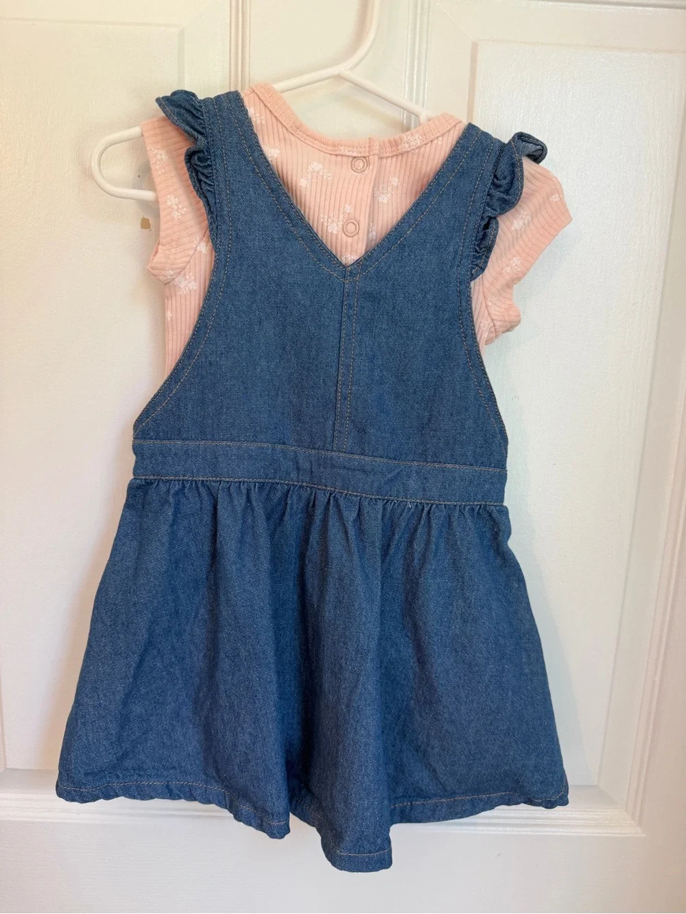 Calvin Klein Blue Denim Pinafore with Pink Floral Bodysuit 18M